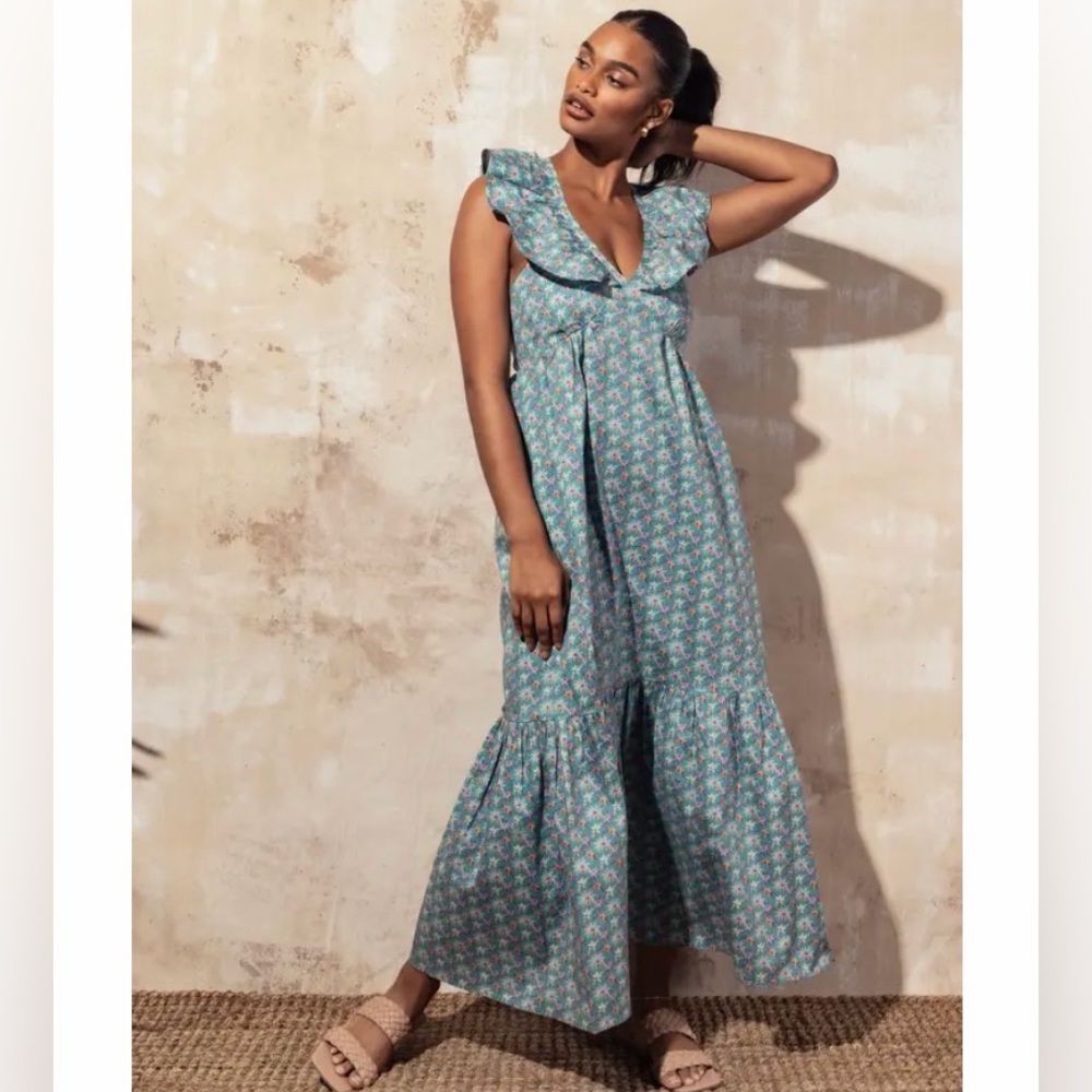 NWT MOTT50 Serena Ruffle V-Neck Luxe Cotton Maxi Dress Teal/Royal Orchid Sz S